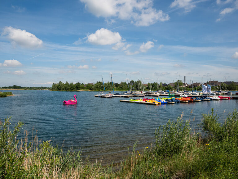 Ein kleiner Hafen auf einem See umringt von Wald